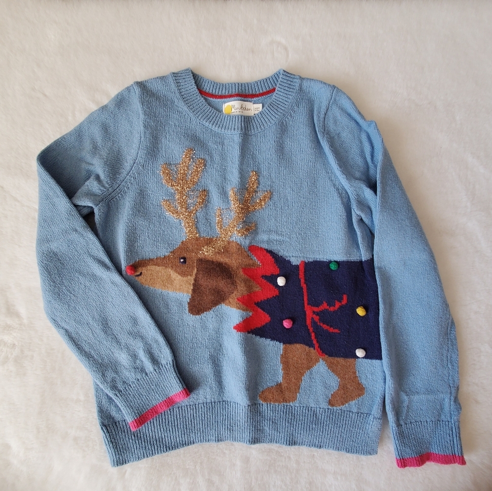 Blue Sweater with Reindeer Dog Design